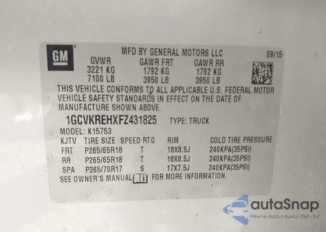 2015 Chevrolet Silverado 1500 1Lt from USA, damaged, VIN 1GCVKREHXFZ431825